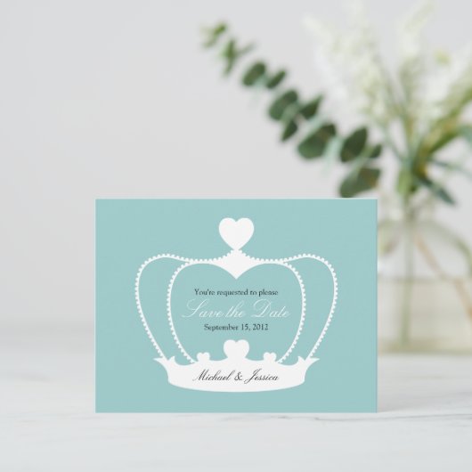 Elegant Crown Save the Date Briefkaart - Blauw (Staand voorkant)
