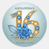 Elegant Crystal Blue Rose Gold Gemstone Sweet 16 Ronde Sticker (Voorkant)