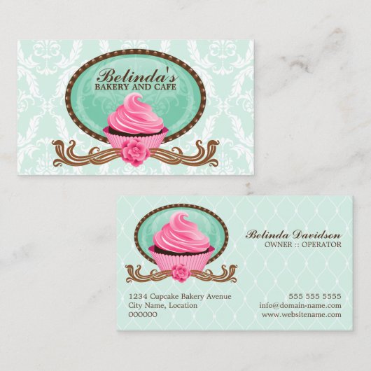 Elegant Cupcake Bakery Damask Visitekaartje (Voorkant / Achterkant)