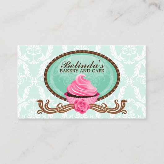 Elegant Cupcake Bakery Damask Visitekaartje (Voorkant)