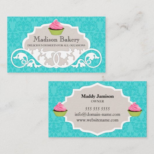 Elegant Cupcake Bakery Swirl Damask Visitekaartje (Voorkant / Achterkant)