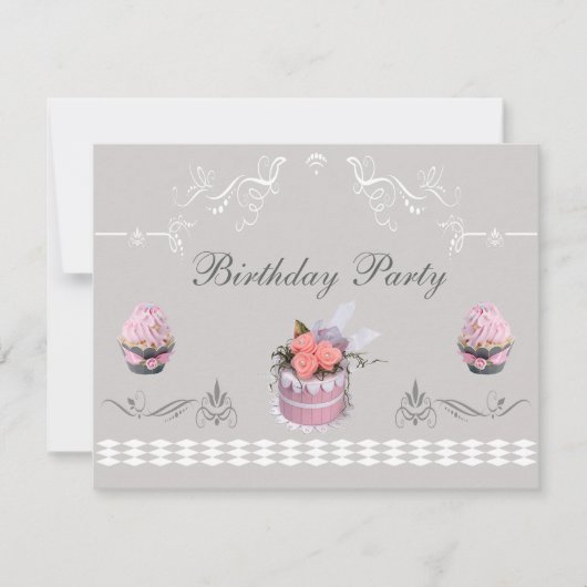 Elegant Cupcakes Pink & Grey Birthday Party Kaart (Voorkant)