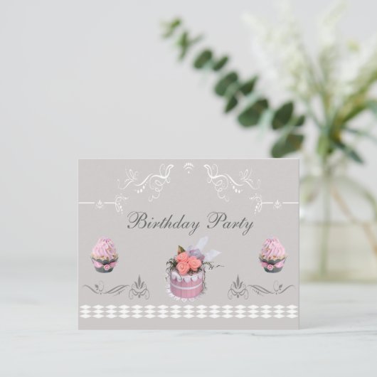 Elegant Cupcakes Pink & Grey Birthday Party Kaart (Staand voorkant)