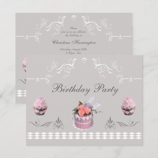 Elegant Cupcakes Pink & Grey Birthday Party Kaart (Voorkant / Achterkant)