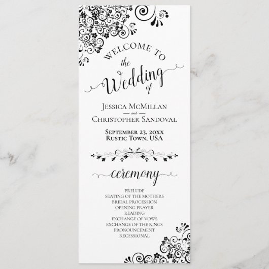 Elegant Curls & Swirls Black & White Wedding Programmakaart (Voorkant)