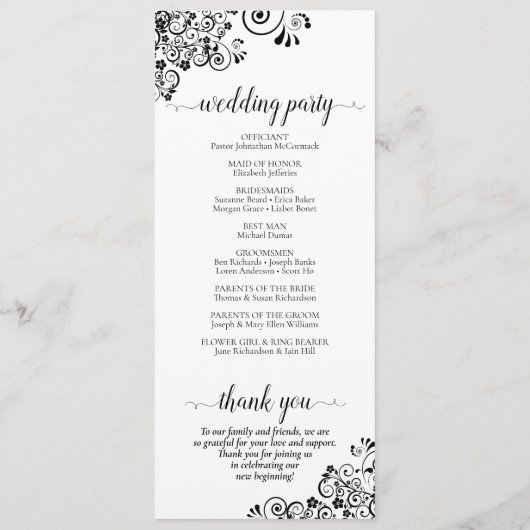 Elegant Curls & Swirls Black & White Wedding Programmakaart (Achterkant)