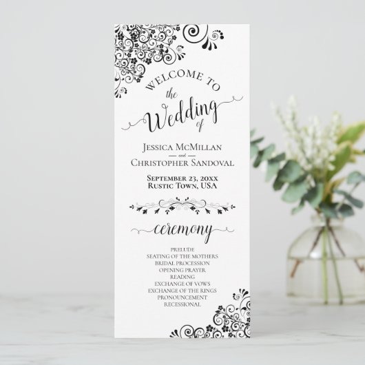 Elegant Curls & Swirls Black & White Wedding Programmakaart (Staand voorkant)