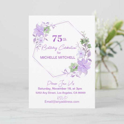 Elegant Custom 75th Verjaardag Lavendel Bloemen Kaart (Staand voorkant)