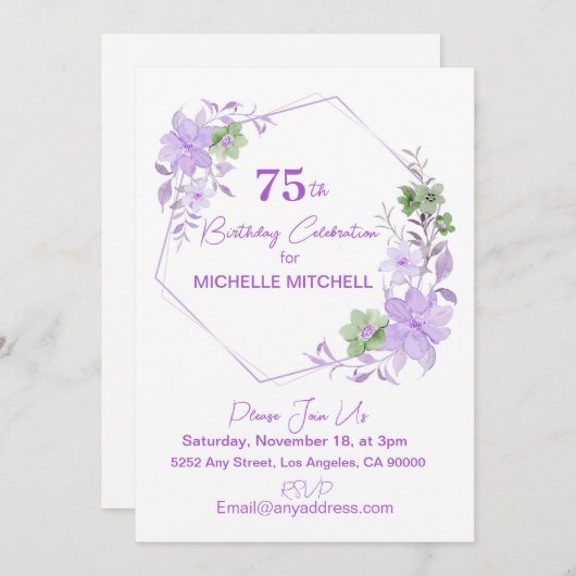 Elegant Custom 75th Verjaardag Lavendel Bloemen Kaart (Voorkant / Achterkant)