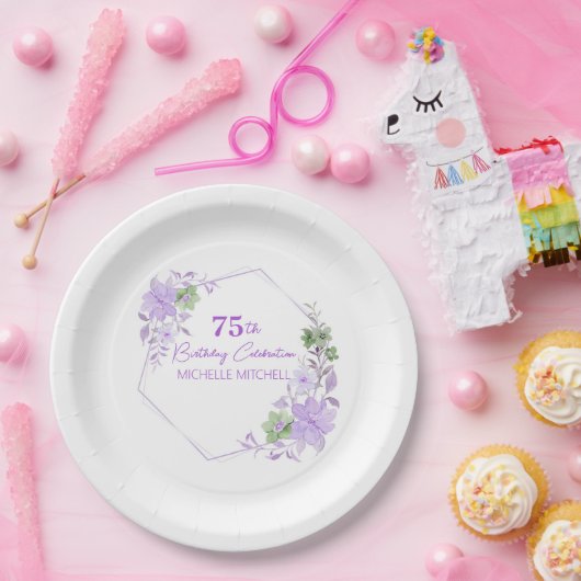 Elegant Custom 75th Verjaardag Lavendel Bloemen Papieren Bordje (Feest)
