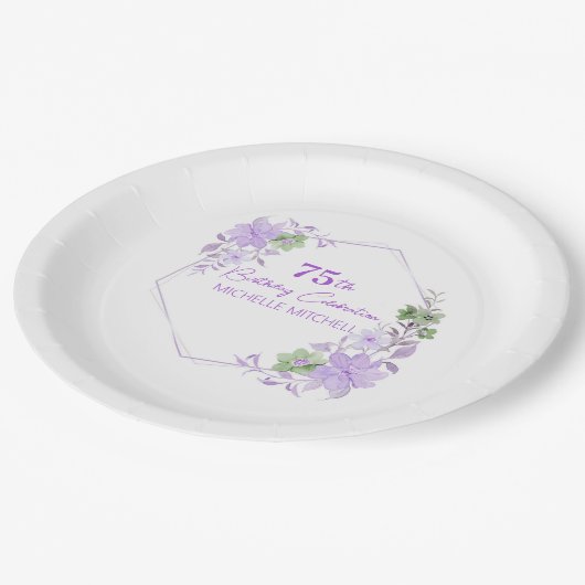 Elegant Custom 75th Verjaardag Lavendel Bloemen Papieren Bordje (Gekanteld)