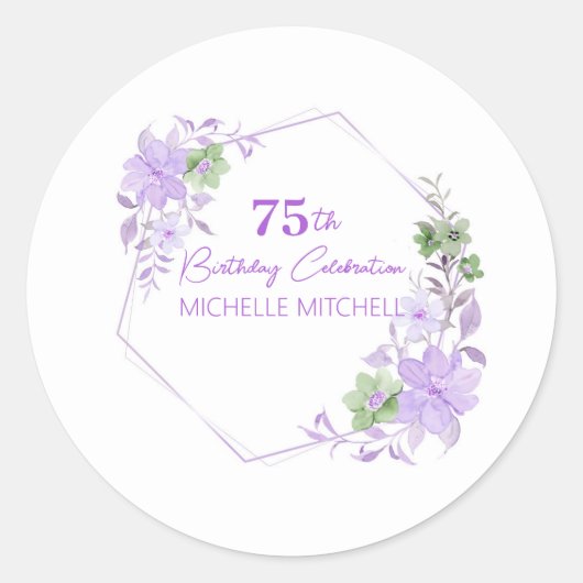 Elegant Custom 75th Verjaardag Lavendel Bloemen Ronde Sticker (Voorkant)