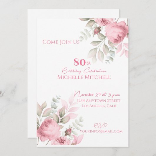 Elegant Custom 80th Verjaardag Roze Bloemen Kaart (Voorkant / Achterkant)