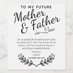Elegant Custom Black and White In-law Wedding Gift Wijn Etiket
