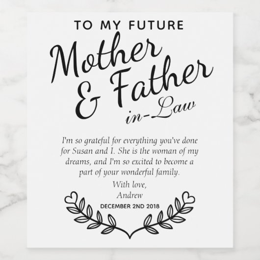 Elegant Custom Black and White In-law Wedding Gift Wijn Etiket (Enkel label)
