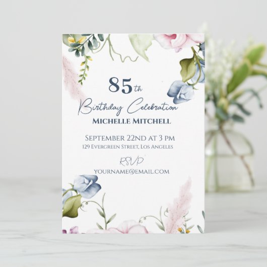 Elegant Custom Blauw Roze 85e Verjaardag Kaart (Staand voorkant)