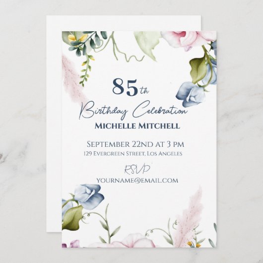 Elegant Custom Blauw Roze 85e Verjaardag Kaart (Voorkant / Achterkant)