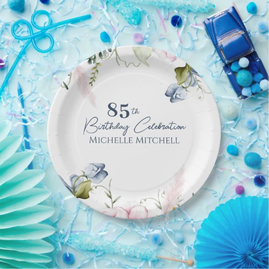 Elegant Custom Blauw Roze 85e Verjaardag Papieren Bordje (Feest)