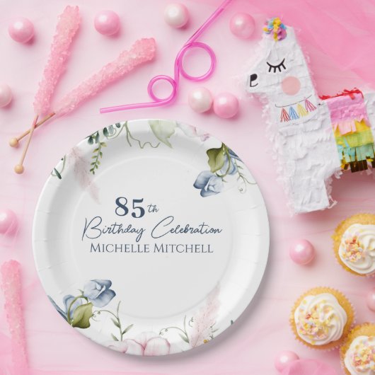 Elegant Custom Blauw Roze 85e Verjaardag Papieren Bordje (Feest)