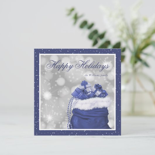 Elegant Custom Blue Snow Happy Holiday-kaarten Feestdagenkaart (Staand voorkant)