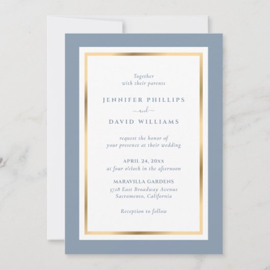 Elegant Custom Dusty Blue en Gold Wedding Kaart (Voorkant)