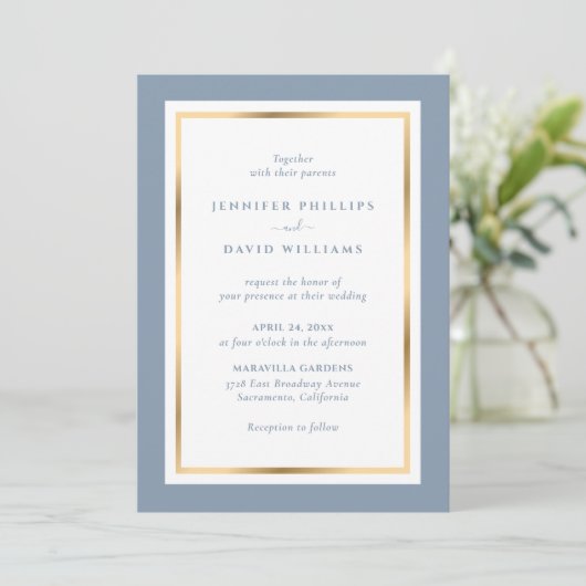 Elegant Custom Dusty Blue en Gold Wedding Kaart (Staand voorkant)