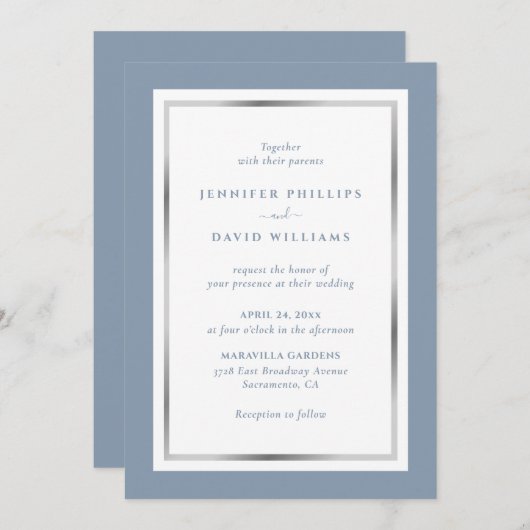 Elegant Custom Dusty Blue en Silver Wedding Kaart (Voorkant / Achterkant)