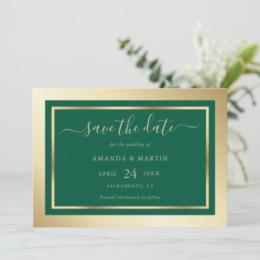 Elegant Custom Emerald Green and Gold Wedding Save The Date (Staand voorkant)