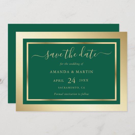 Elegant Custom Emerald Green and Gold Wedding Save The Date (Voorkant / Achterkant)