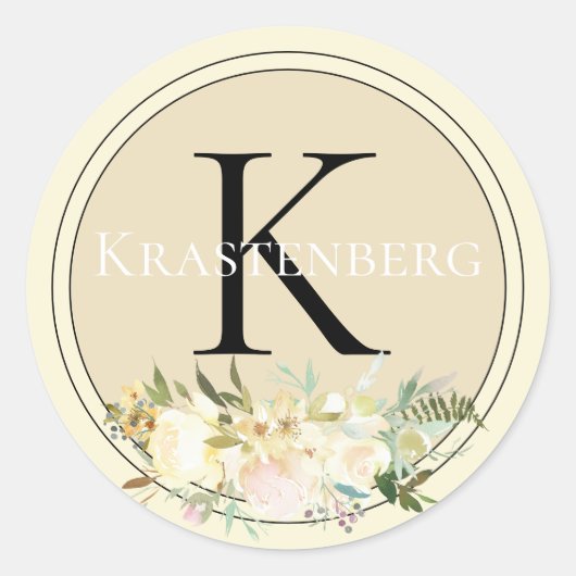 Elegant Custom Family Name Monogram Cream Rozen Ronde Sticker (Voorkant)