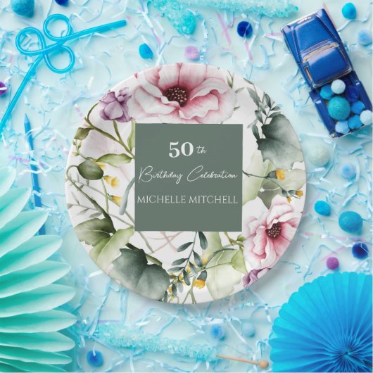 Elegant Custom Floral 50ste verjaardagsfeestje Papieren Bordje (Feest)