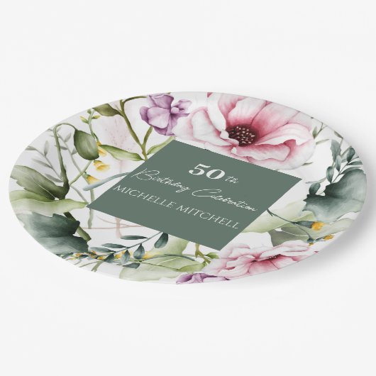 Elegant Custom Floral 50ste verjaardagsfeestje Papieren Bordje (Gekanteld)