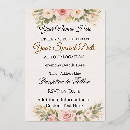 Elegant Custom Floral Wedding Invitations Design Folie Uitnodiging (Voorkant)
