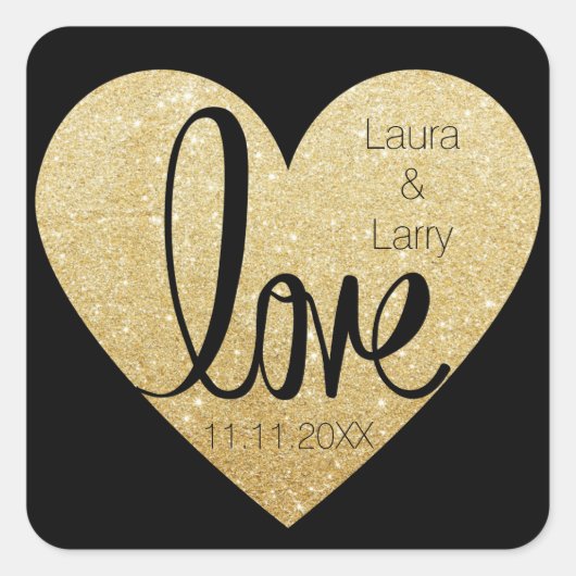 Elegant Custom Glitter Goud LIEFDE Zwart Bruiloft Vierkante Sticker (Voorkant)