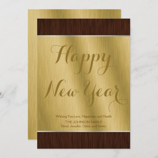 Elegant Custom Gold and Dark Wood New Year Card Feestdagenkaart (Voorkant / Achterkant)