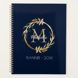Elegant Custom Gold Wreator Monogram Navy Blue Planner