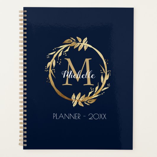 Elegant Custom Gold Wreator Monogram Navy Blue Planner (Voorkant)