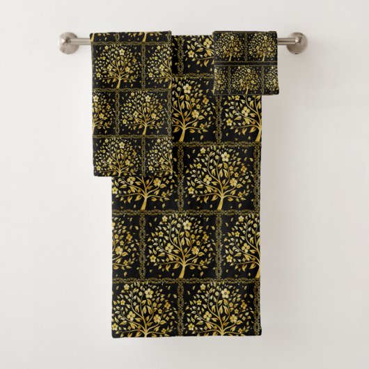 Elegant Custom Golden Tree Pattern on Black Bad Handdoek (Insitu)