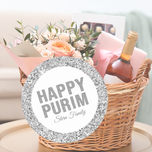Elegant Custom Hebrew Happy Purim Silver Glitter Ronde Sticker