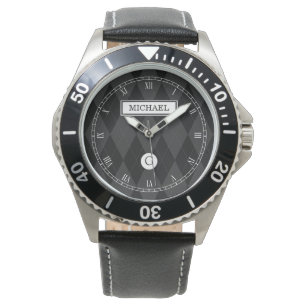 Elegant Custom Monogram Black Argyle Face Horloge