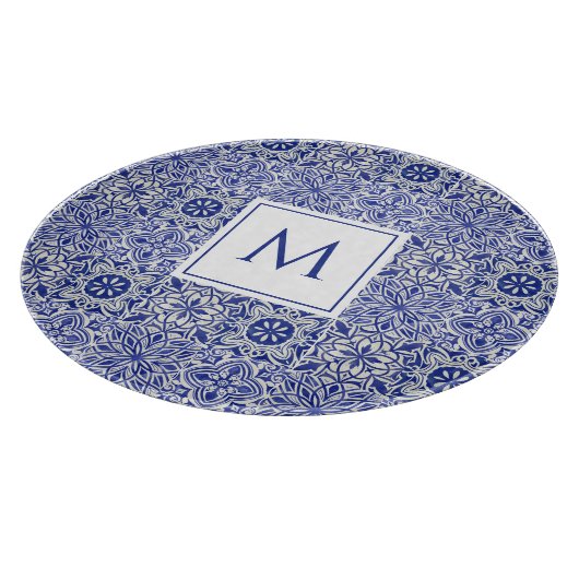 Elegant Custom Monogram Blauw Wit Snijplank (Hoek)