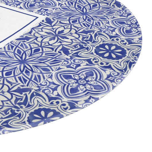 Elegant Custom Monogram Blauw Wit Snijplank (Hoek)