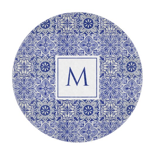 Elegant Custom Monogram Blauw Wit Snijplank (Voorkant)