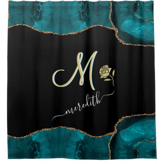 Elegant Custom Monogram Blauwgroen Black Gold Douchegordijn (Voorkant)