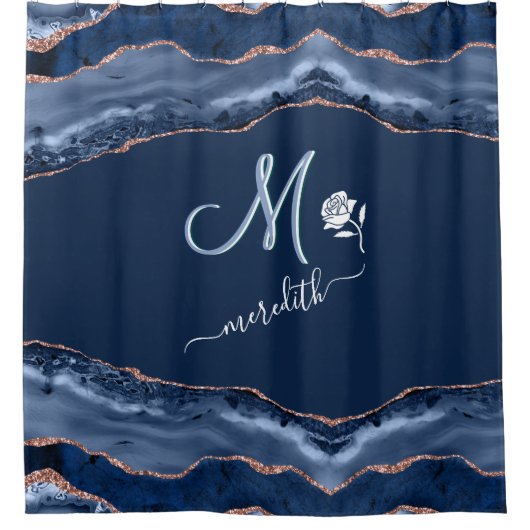 Elegant Custom Monogram Blue Gold Agate Douchegordijn (Voorkant)