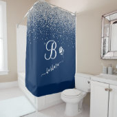 Elegant Custom Monogram Blue Silver Sparkle Douchegordijn (In situ)