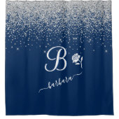 Elegant Custom Monogram Blue Silver Sparkle Douchegordijn (Voorkant)