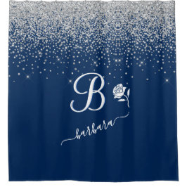 Elegant Custom Monogram Blue Silver Sparkle Douchegordijn
