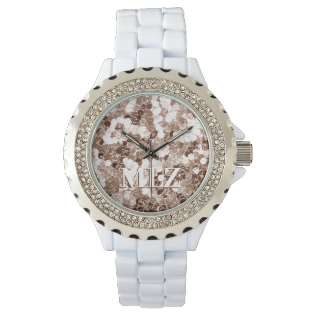 Elegant Custom Monogram Bronze White Glitter Kijk  Horloge (Voorkant)