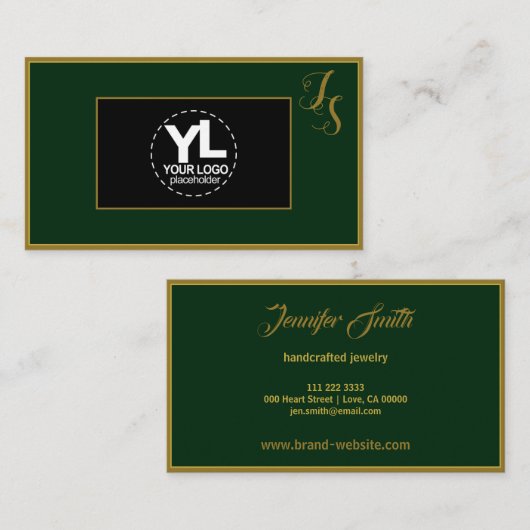 Elegant Custom Monogram en Logo Donkergroen Zwart Visitekaartje (Voorkant / Achterkant)
